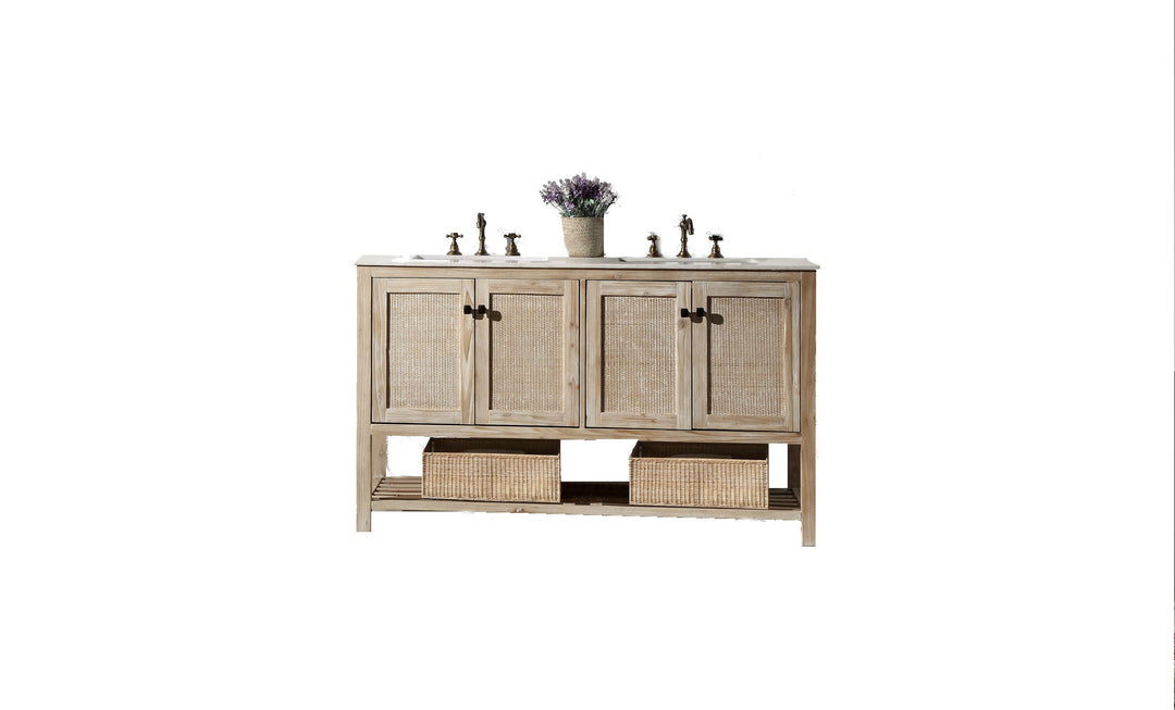 Legion Furniture WH5160 Series 60” Solid Wood Double Sink Vanity in Teak White Rustic with Marble Top