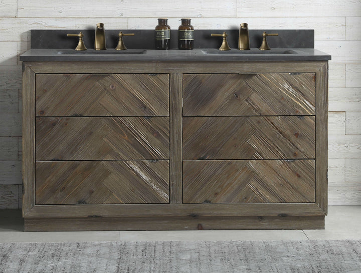 Legion Furniture WH 8560 Series 60” Solid Wood Double Sink Vanity in Brown Rustic with Moon Stone Top