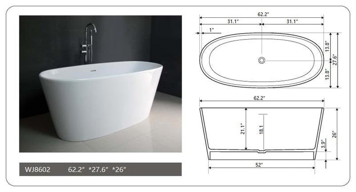 Legion Furniture WJ8602 Series 62.2” Matt White Solid Surface Bath Tub