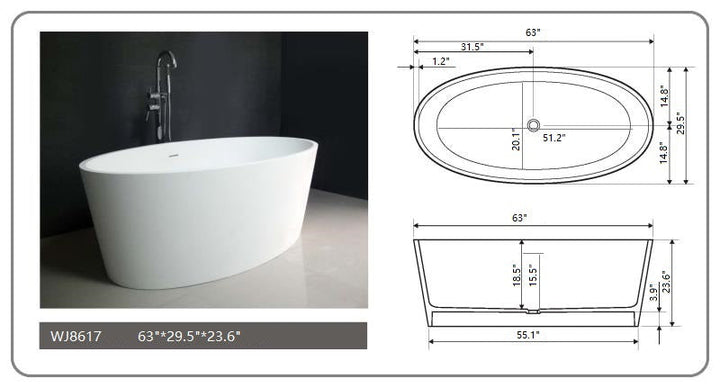 Legion Furniture WJ8617 Series 63” Matt White Solid Surface Bath Tub