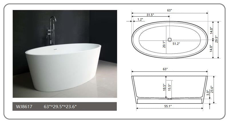Legion Furniture WJ8617 Series 63” Matt White Solid Surface Bath Tub