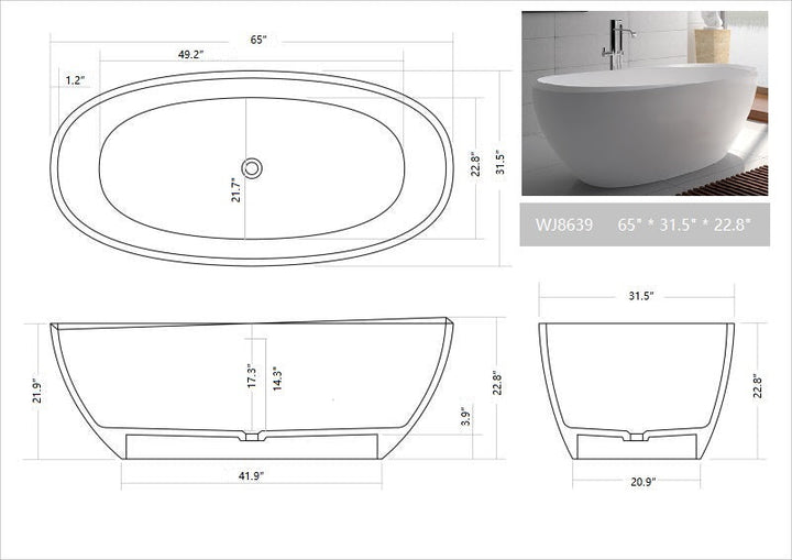 Legion Furniture WJ8639 Series 65” Matt White Solid Surface Bath Tub
