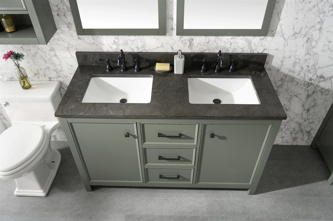 Legion Furniture 54" Pewter Green Finish Double Sink Vanity Cabinet with Blue Lime Stone Top - WLF2154-PG