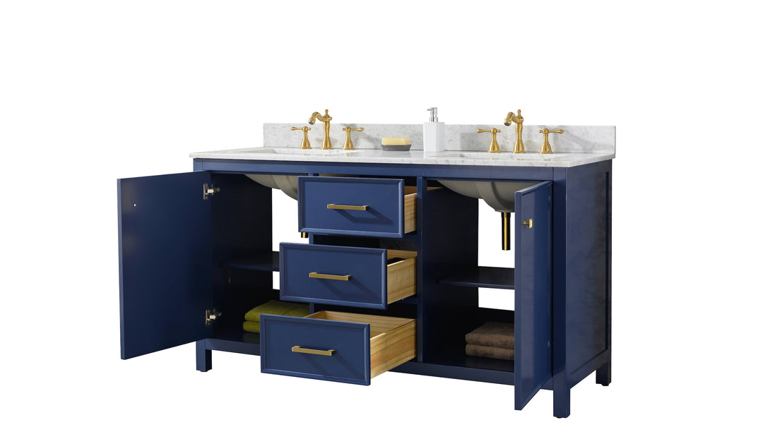 Legion Furniture WLF2160 Series 60” Double Sink Vanity in Blue with Carrara Marble White Top