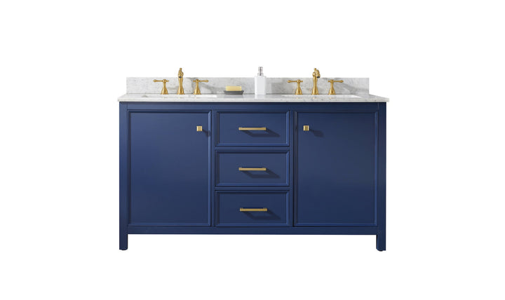 Legion Furniture WLF2160 Series 60” Double Sink Vanity in Blue with Carrara Marble White Top