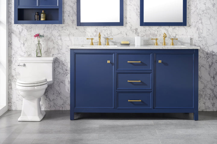 Legion Furniture WLF2160 Series 60” Double Sink Vanity in Blue with Carrara Marble White Top