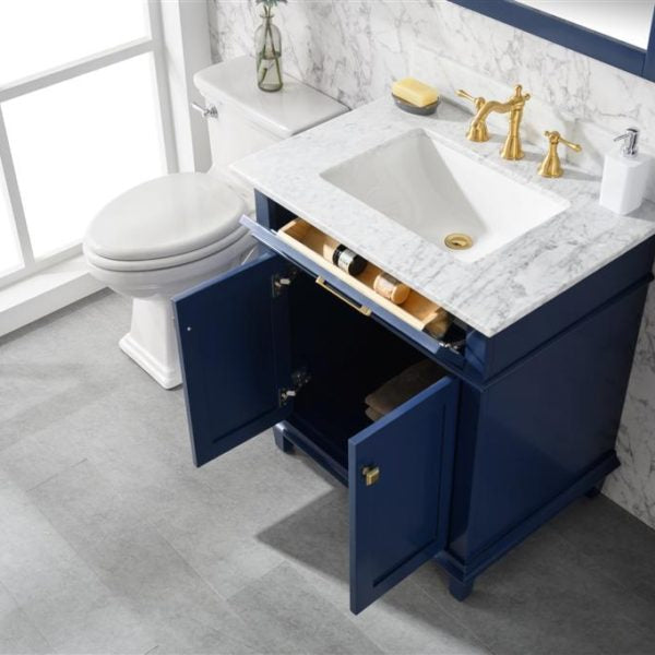 Legion Furniture 30" Blue Finish Sink Vanity Cabinet with Carrara White Top - WLF2230-B