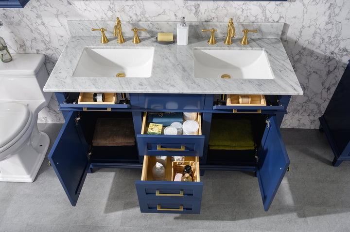 Legion Furniture WLF2254 Series 54” Double Sink Vanity in Blue with Carrara Marble White Top