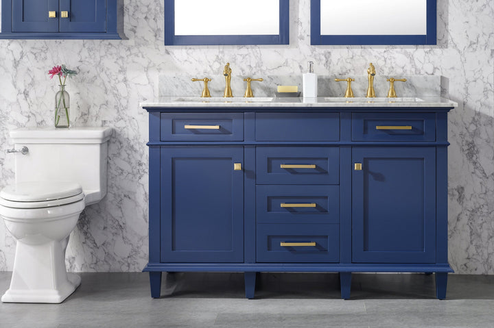 Legion Furniture WLF2254 Series 54” Double Sink Vanity in Blue with Carrara Marble White Top