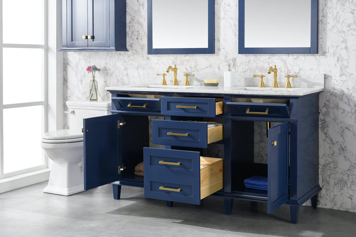 Legion Furniture WV2260 Series 60” Double Sink Vanity in Blue with Carrara Marble White Top