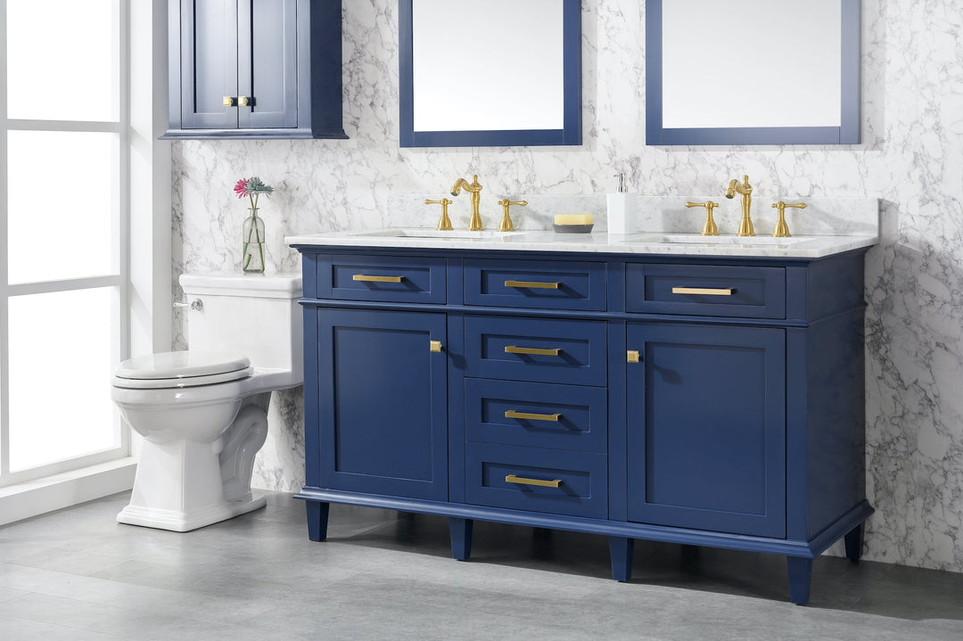 Legion Furniture WV2260 Series 60” Double Sink Vanity in Blue with Carrara Marble White Top