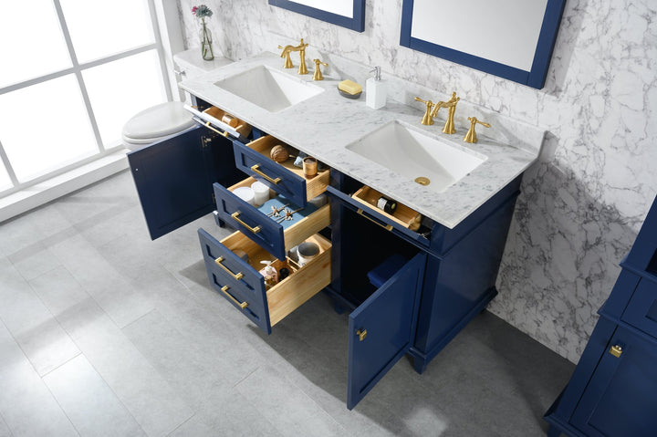 Legion Furniture WV2260 Series 60” Double Sink Vanity in Blue with Carrara Marble White Top