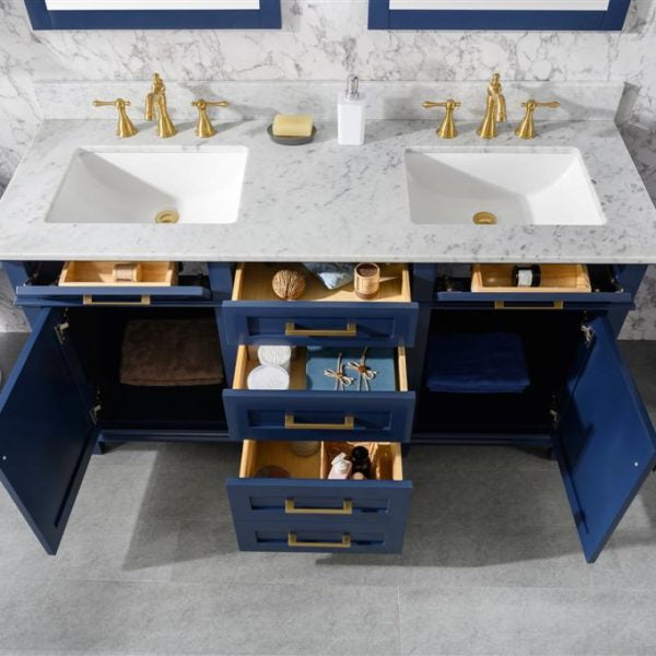 Legion Furniture 60" Blue Finish Double Sink Vanity Cabinet with Carrara White Top - WLF2260D-B