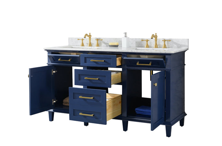 Legion Furniture WV2260 Series 60” Double Sink Vanity in Blue with Carrara Marble White Top