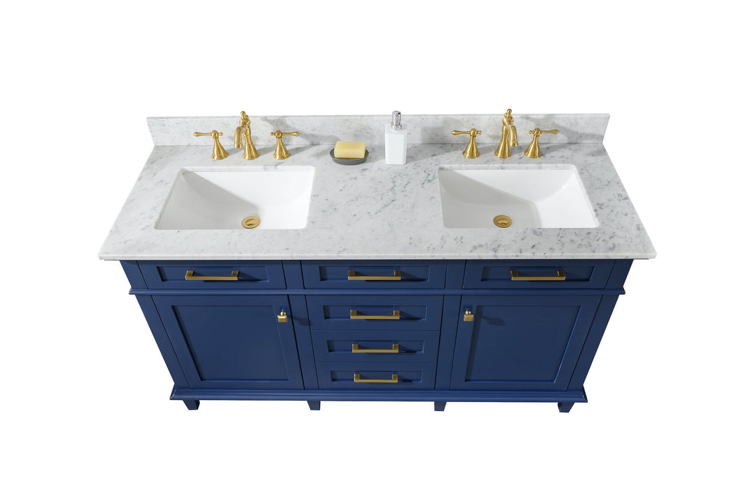 Legion Furniture WV2260 Series 60” Double Sink Vanity in Blue with Carrara Marble White Top