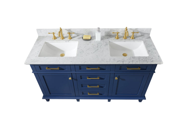 Legion Furniture WV2260 Series 60” Double Sink Vanity in Blue with Carrara Marble White Top