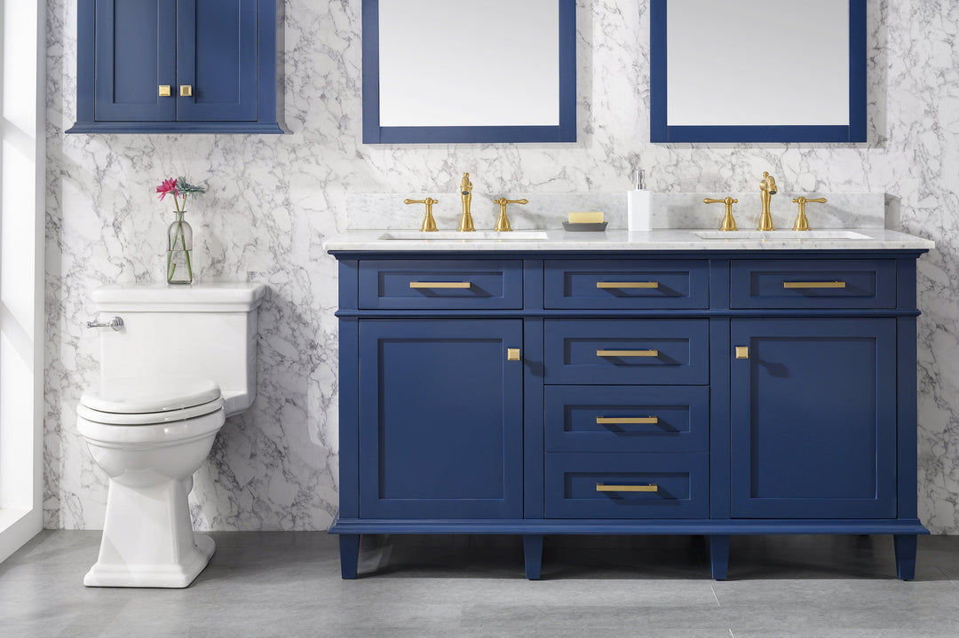 Legion Furniture WLF2260 Series 60” Double Sink Vanity in Blue with Carrara Marble White Top