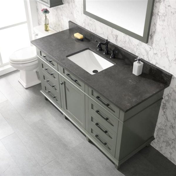 60" Pewter Green Finish Single Sink Vanity Cabinet with Blue Lime Stone Top - WLF2260S-PG