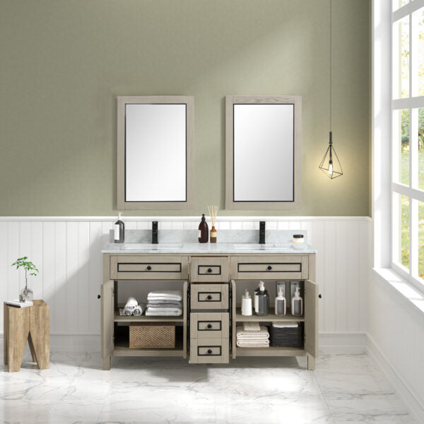 Legion Furniture 60" Light Oak Finish Sink Vanity Cabinet with Carrara White Top - WV2260-O