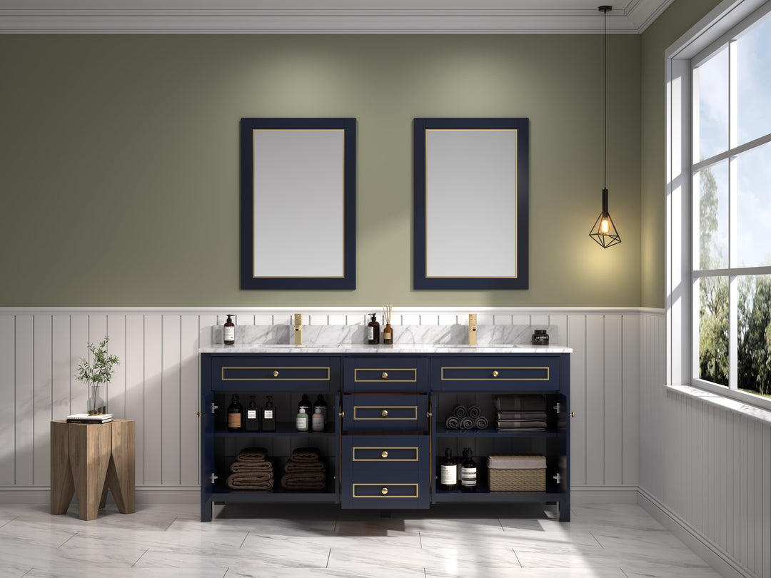 Legion Furniture WV2272 Series 72” Double Sink Vanity in Blue with Carrara Marble White Top