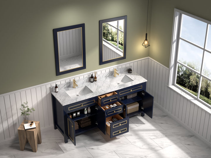 Legion Furniture WV2272 Series 72” Double Sink Vanity in Blue with Carrara Marble White Top