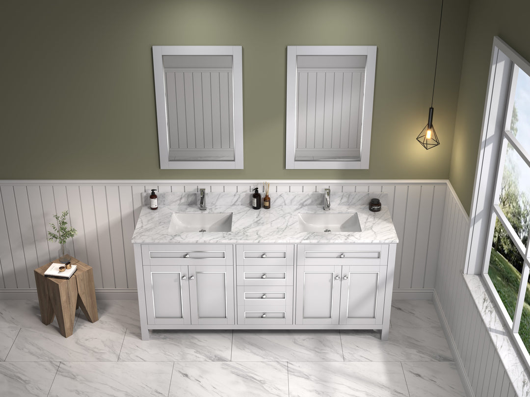 Legion Furniture WV2272 Series 72” Double Sink Vanity in White with Carrara Marble White Top