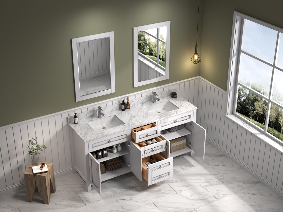 Legion Furniture WV2272 Series 72” Double Sink Vanity in White with Carrara Marble White Top