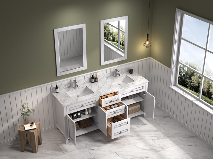 Legion Furniture WV2272 Series 72” Double Sink Vanity in White with Carrara Marble White Top