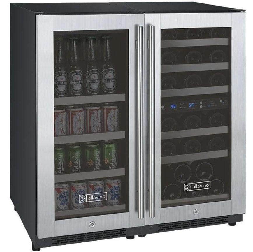 Allavino 30" Wide FlexCount II Tru-Vino 30 Bottle/88 Can Dual Zone Stainless Steel Side-by-Side Wine Refrigerator/Beverage Center (3Z-VSWB15-3S20)