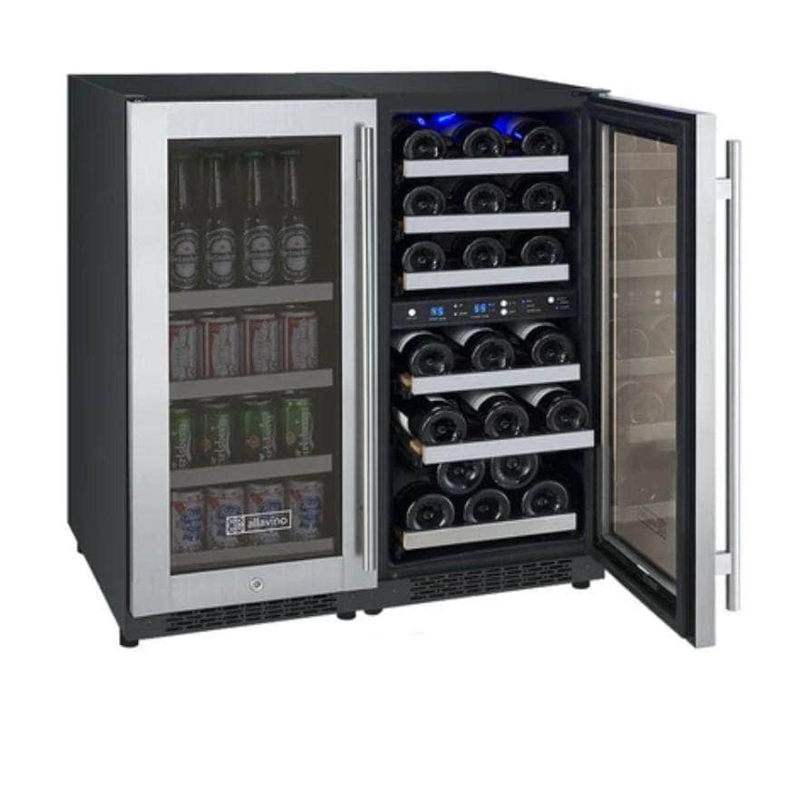 Allavino 30" Wide FlexCount II Tru-Vino 30 Bottle/88 Can Dual Zone Stainless Steel Side-by-Side Wine Refrigerator/Beverage Center (3Z-VSWB15-3S20)