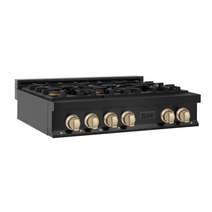 ZLINE Autograph Edition 36 in. Porcelain Rangetop with 6 Gas Burners in Black Stainless Steel and Accent Options (RTBZ-36)