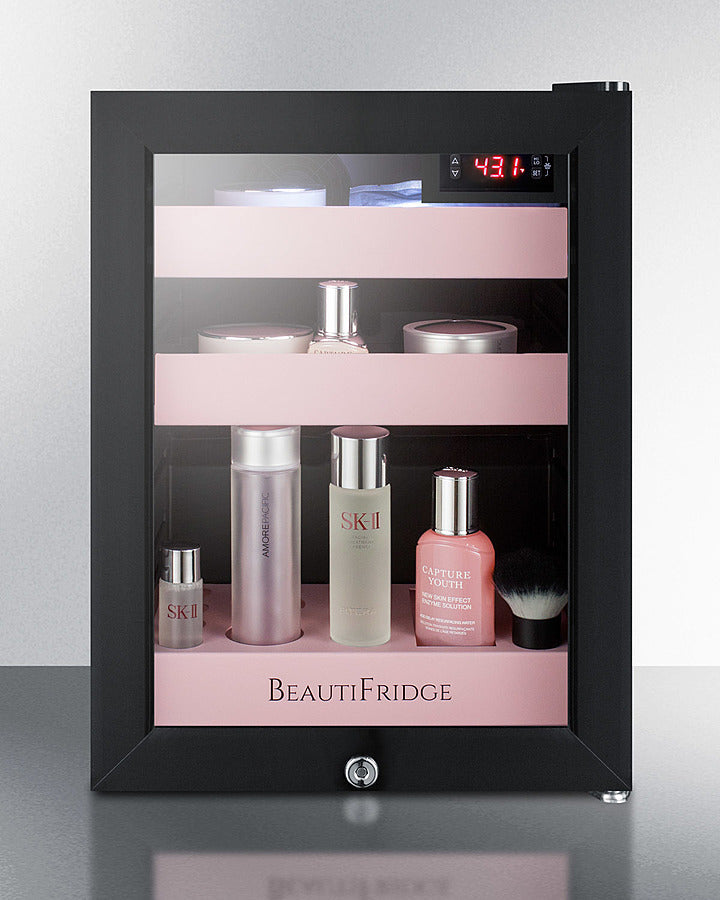 Summit BeautiFridge Cosmetics Cooler with Pink Shelving and Glass Door - LX114LP
