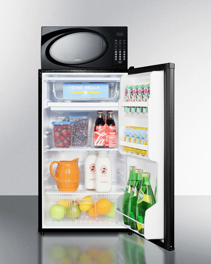 Summit Compact Refrigerator-Freezer-Microwave Combination Unit With Automatic Defrost and Black Finish - MRF433ES