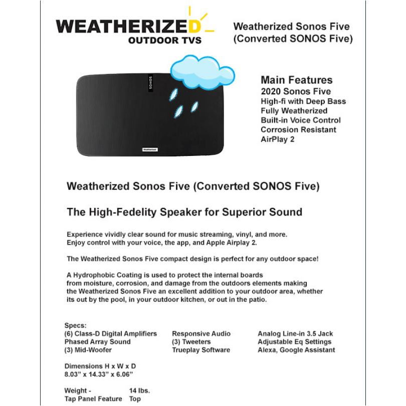 Weatherized Converted SONOS Five High-Fidelity Speaker