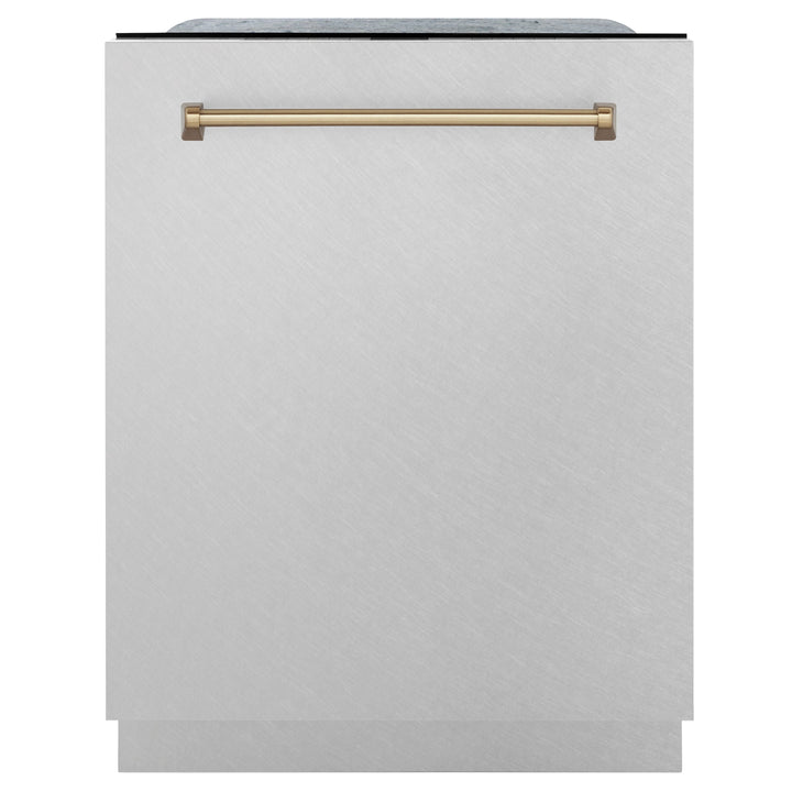 ZLINE Autograph Edition 24 in. 3rd Rack Top Control Tall Tub Dishwasher in Fingerprint Resistant Stainless Steel with Champagne Bronze Accent Handle, 45dBa (DWMTZ-SN-24)