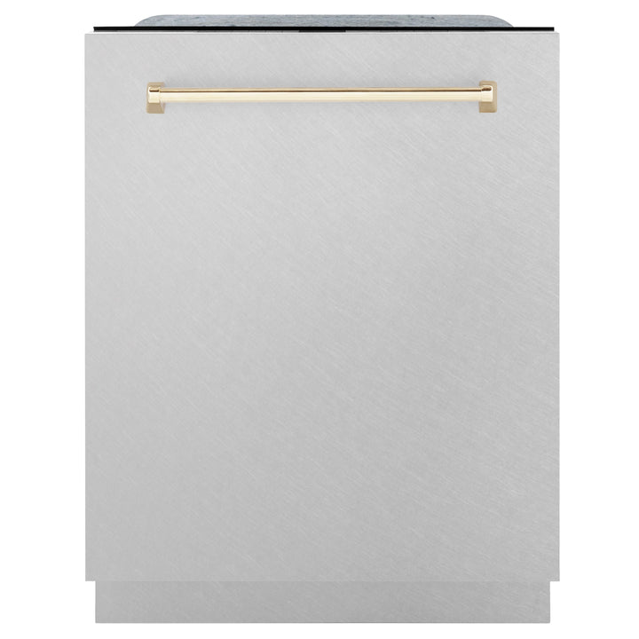 ZLINE Autograph Edition 24 in. 3rd Rack Top Control Tall Tub Dishwasher in Fingerprint Resistant Stainless Steel with Gold Accent Handle, 45dBa (DWMTZ-SN-24)