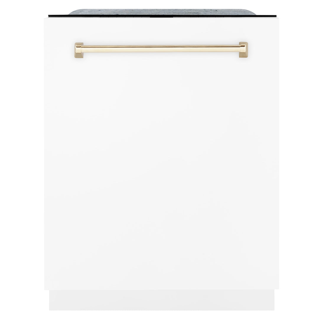 ZLINE Autograph Edition 24 in. 3rd Rack Top Touch Control Tall Tub Dishwasher in White Matte with Gold Accent Handle, 51dBa (DWMTZ-WM-24)