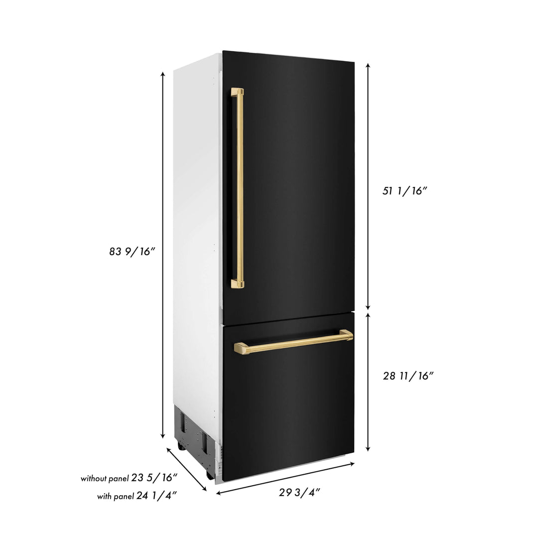 ZLINE 30 in. Autograph Edition 16.1 cu. ft. Built-in 2-Door Bottom Freezer Refrigerator with Internal Water and Ice Dispenser in Black Stainless Steel with Polished Gold Accents (RBIVZ-BS-30-G)