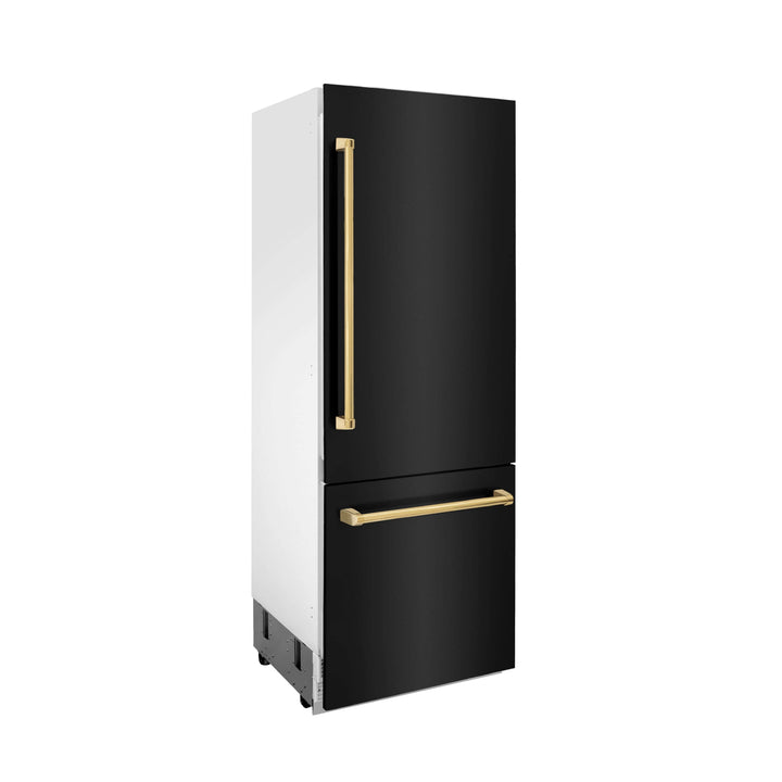 ZLINE 30 in. Autograph Edition 16.1 cu. ft. Built-in 2-Door Bottom Freezer Refrigerator with Internal Water and Ice Dispenser in Black Stainless Steel with Polished Gold Accents (RBIVZ-BS-30-G)