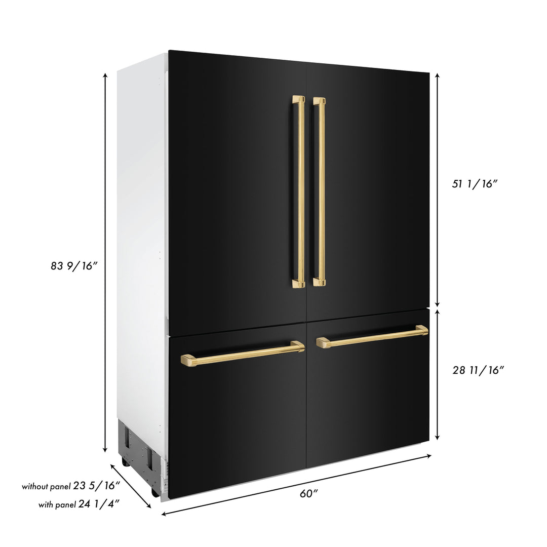 ZLINE 60 in. Autograph Edition 32.2 cu. ft. Built-in 4-Door French Door Refrigerator with Internal Water and Ice Dispenser in Black Stainless Steel with Polished Gold Accents (RBIVZ-BS-60-G)