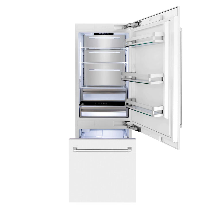 ZLINE 30 in. 16.1 cu. ft. Built-In 2-Door Bottom Freezer Refrigerator with Internal Water and Ice Dispenser in White Matte (RBIV-WM-30)