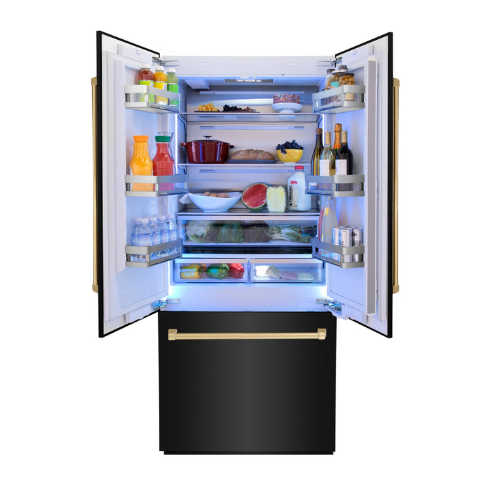 ZLINE 36 in. Autograph Edition 19.6 cu. ft. Built-in 2-Door Bottom Freezer Refrigerator with Internal Water and Ice Dispenser in Black Stainless Steel with Polished Gold Accents (RBIVZ-BS-36-G)