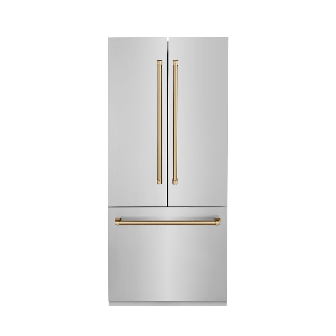 ZLINE 36 in. Autograph Edition 19.6 cu. ft. Built-in 2-Door Bottom Freezer Refrigerator with Internal Water and Ice Dispenser in Stainless Steel with Champagne Bronze Accents (RBIVZ-304-36-CB)