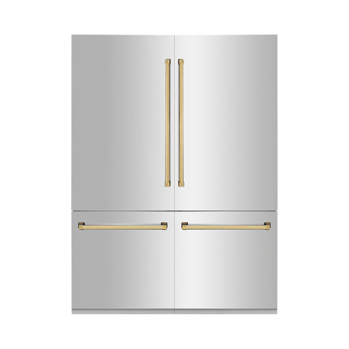 ZLINE 60 in. Autograph Edition 32.2 cu. ft. Built-in 4-Door French Door Refrigerator with Internal Water and Ice Dispenser in Stainless Steel with Polished Gold Accents (RBIVZ-304-60-G)