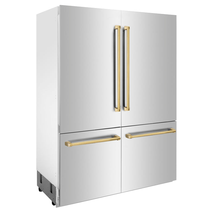 ZLINE 60 in. Autograph Edition 32.2 cu. ft. Built-in 4-Door French Door Refrigerator with Internal Water and Ice Dispenser in Stainless Steel with Polished Gold Accents (RBIVZ-304-60-G)