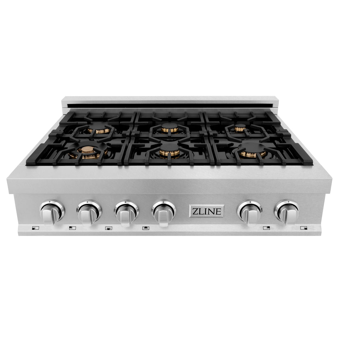 ZLINE 36 in. Porcelain Rangetop in DuraSnow Stainless Steel with 6 Gas Burners (RTS-36) Available with Brass Burners