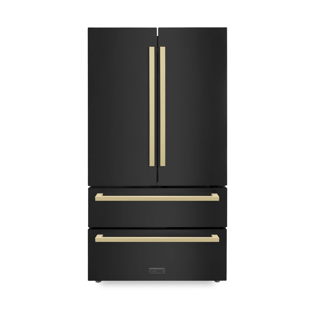 ZLINE 36 in. Autograph Edition 22.5 cu. ft 4-Door French Door Refrigerator with Ice Maker in Black Stainless Steel with Champagne Bronze Square Handles (RFMZ-36-BS-FCB)