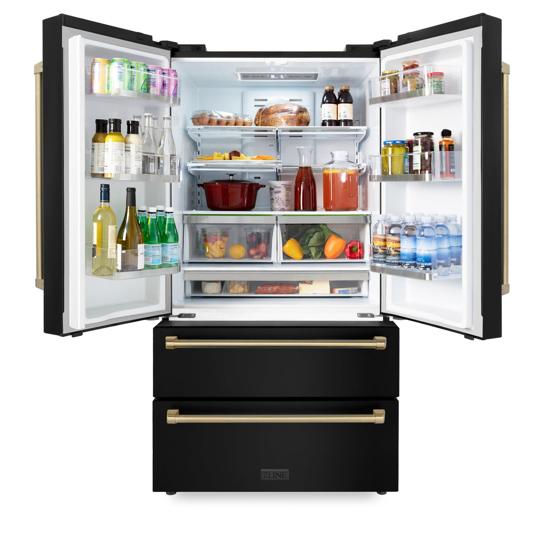 ZLINE 36 in. Autograph Edition 22.5 cu. ft Freestanding French Door Refrigerator with Ice Maker in Fingerprint Resistant Black Stainless Steel with Accents (RFMZ-36-BS)
