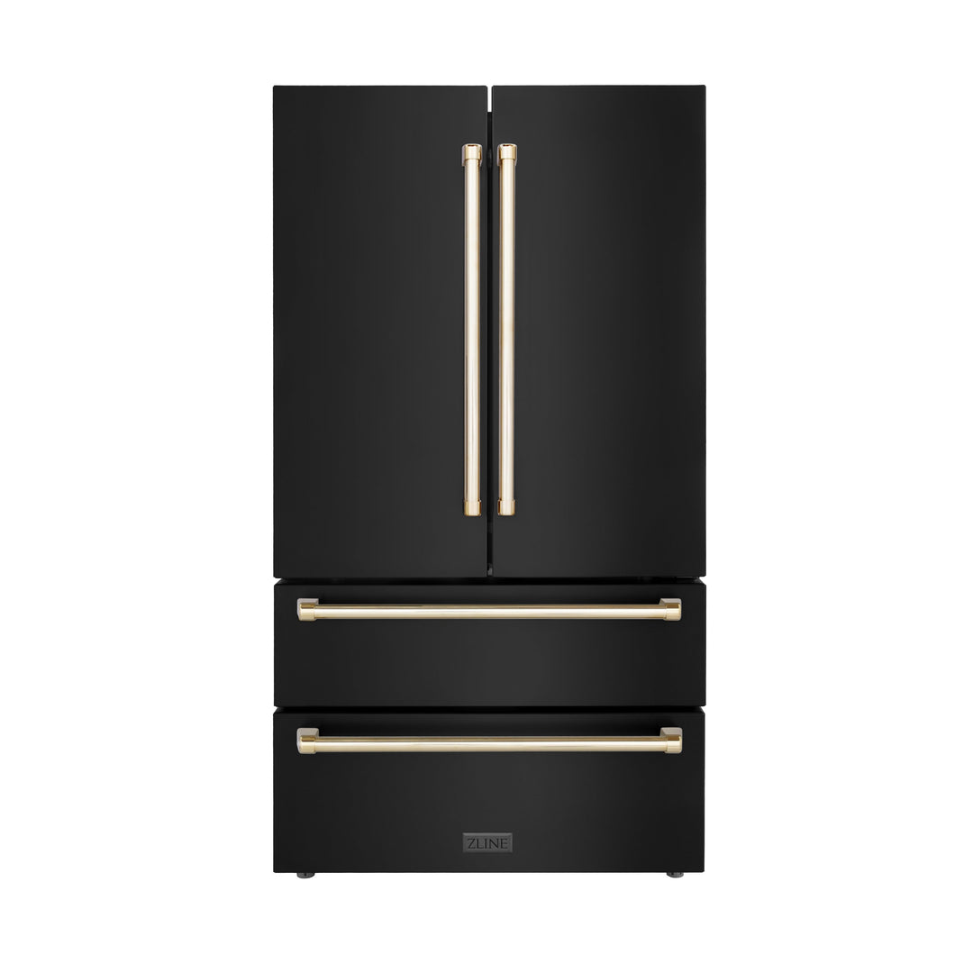ZLINE 36 in. Autograph Edition 22.5 cu. ft Freestanding French Door Refrigerator with Ice Maker in Fingerprint Resistant Black Stainless Steel with Gold Accents (RFMZ-36-BS) Front View