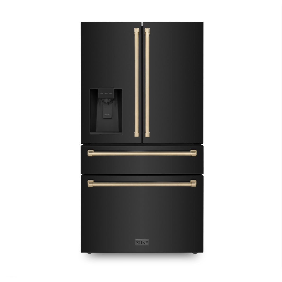 ZLINE 36 in. Autograph Edition 21.6 cu. ft Freestanding French Door Refrigerator with Water and Ice Dispenser in Fingerprint Resistant Black Stainless Steel with Accents (RFMZ-W-36-BS)